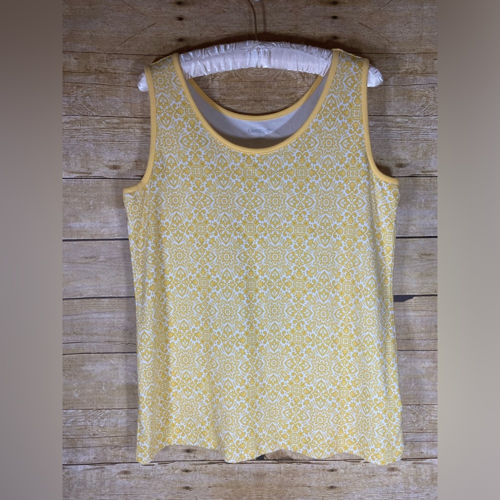 Lands End Yellow Print Top Womens sz L Tank Shirt Sleeveless Cotton